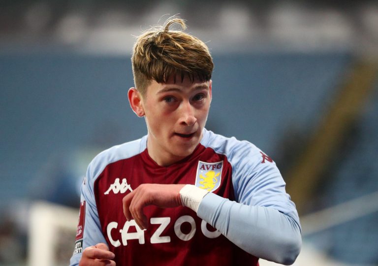Louie Barry playing for Aston Villa against Liverpool in the FA Cup