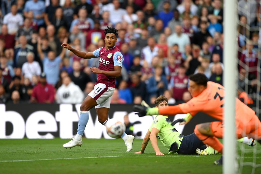 Aston Villa striker Ollie Watkins in action against Manchester City