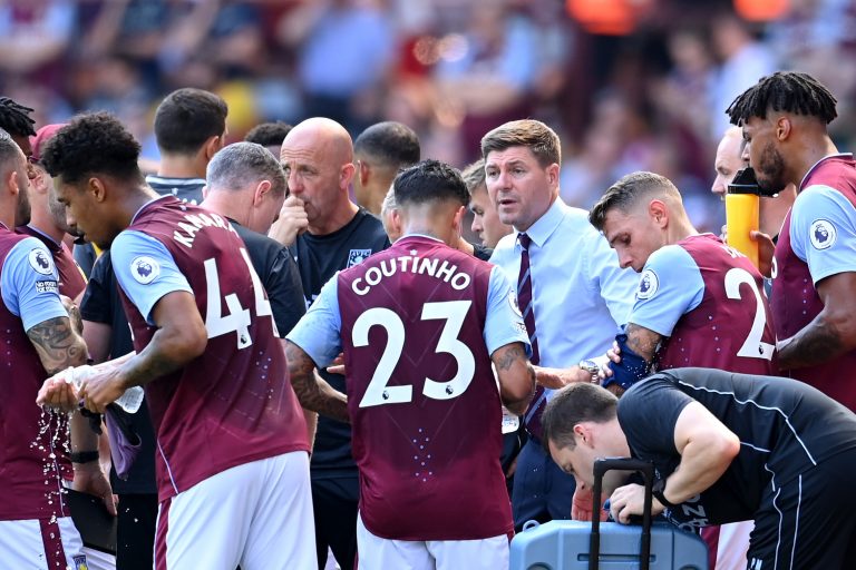 Aston Villa manager Steven Gerrard with his players