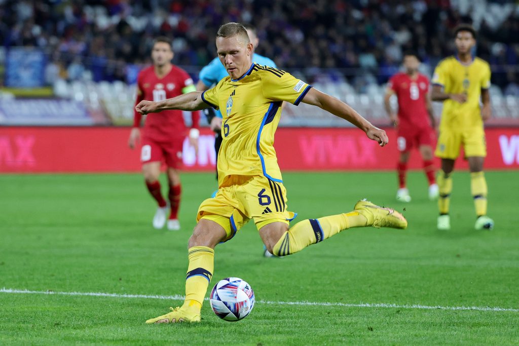 Aston Villa's Ludwig Augustinsson in action for Sweden