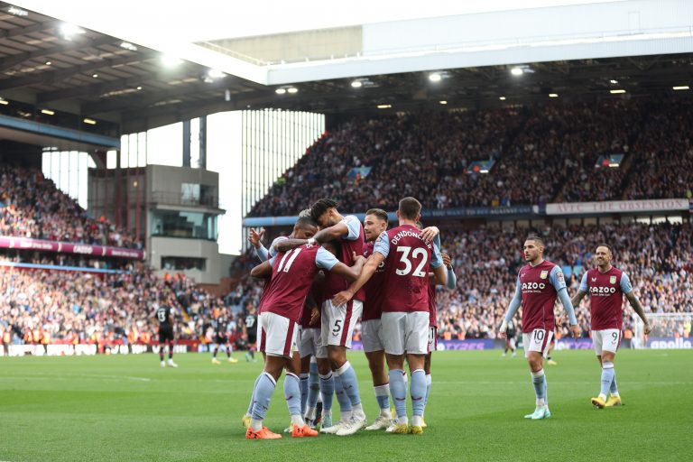 Aston Villa players celebrate against Brentford