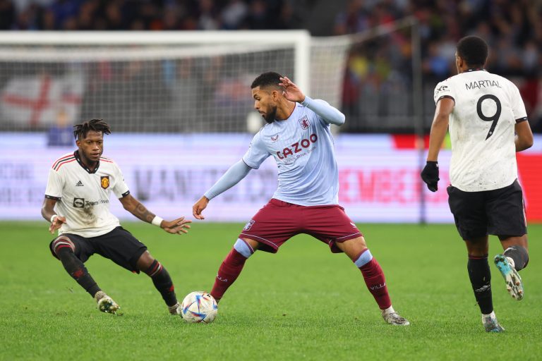 Douglas Luiz in action for Aston Villa against Manchester United