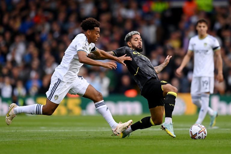 Douglas Luiz in action for Aston Villa against Leeds United