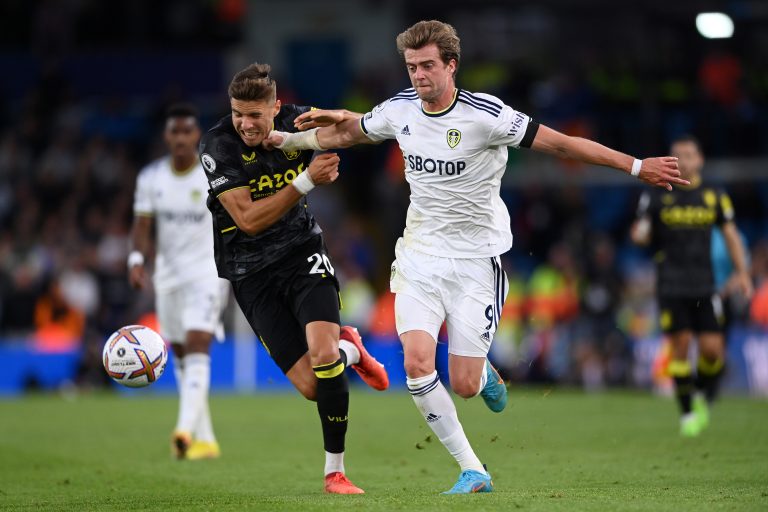 Jan Bednarek in action for Aston Villa against Leeds United