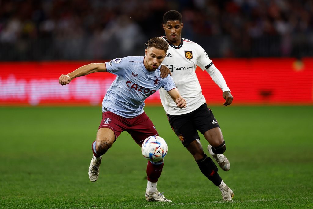 Matty Cash in action for Aston Villa against Manchester United