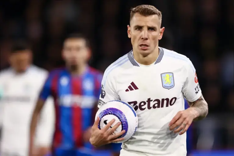 Lucas Digne in Aston Villa kit ahead of a PSG transfer