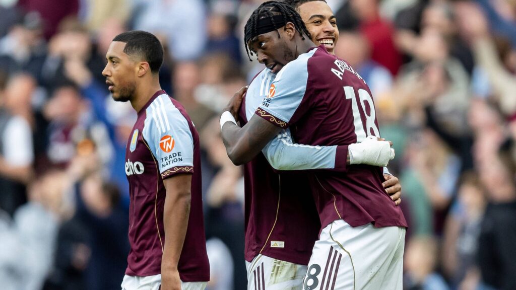 Tammy Abraham celebrating with a teammate in an Aston Villa kit